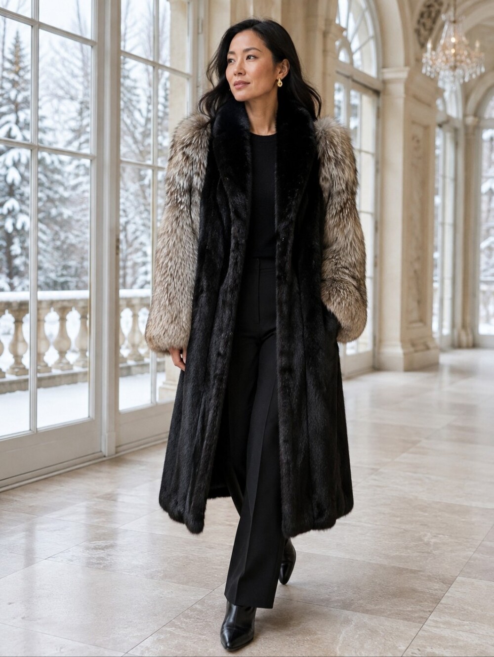 Vintage Labrador Fur Ltée Black Two Tone Long Fur Coat Silver Statement Sleeve